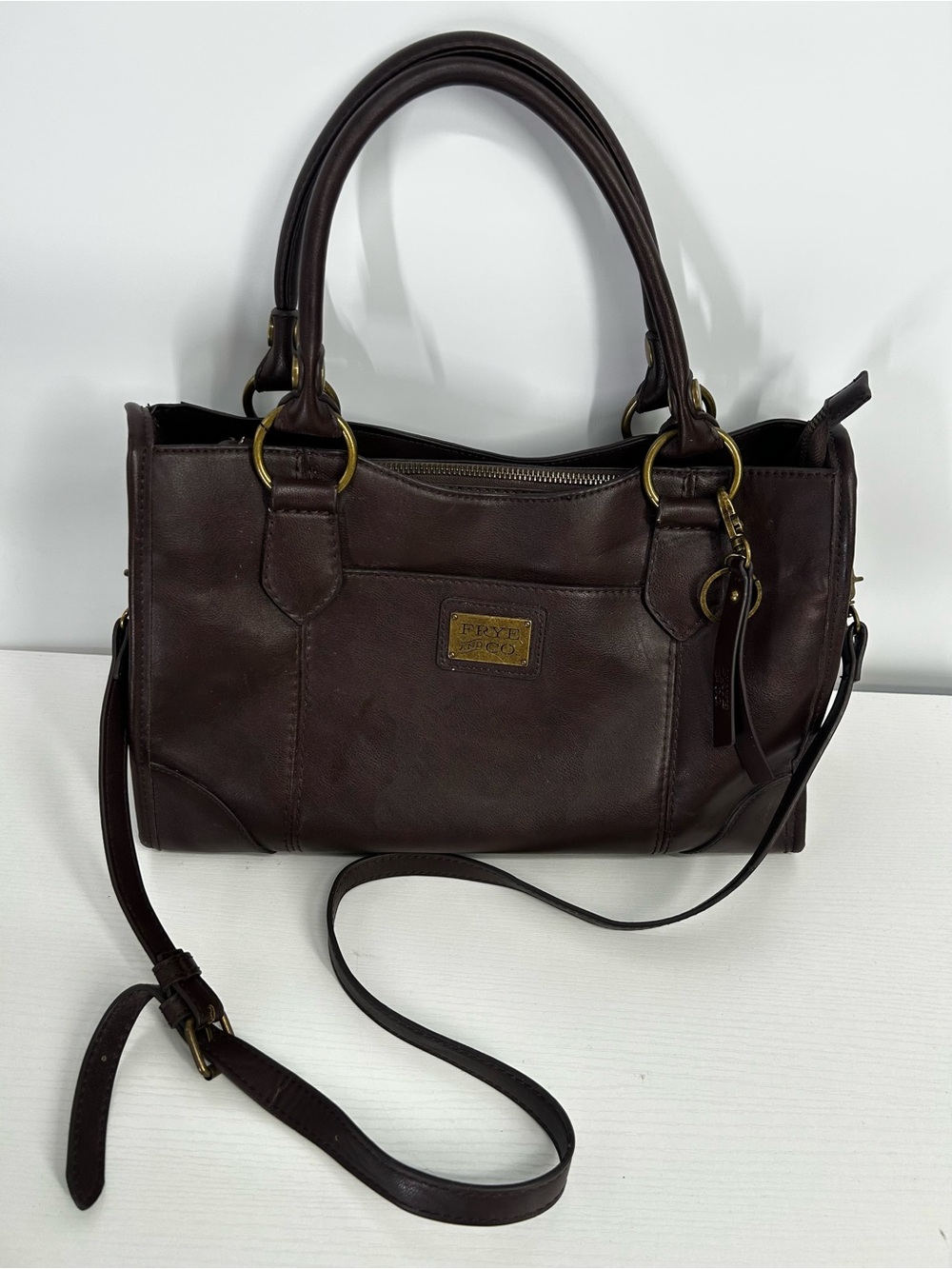 FRYE And Co Satchel Tote Bag Brown Faux Leather Shoulder Handbag With Strap